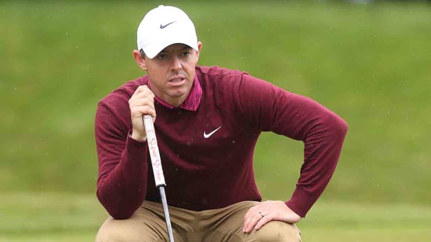 Rory McIlroy looks over a putt at the 2023 BMW PGA Championship at Wentworth in England.